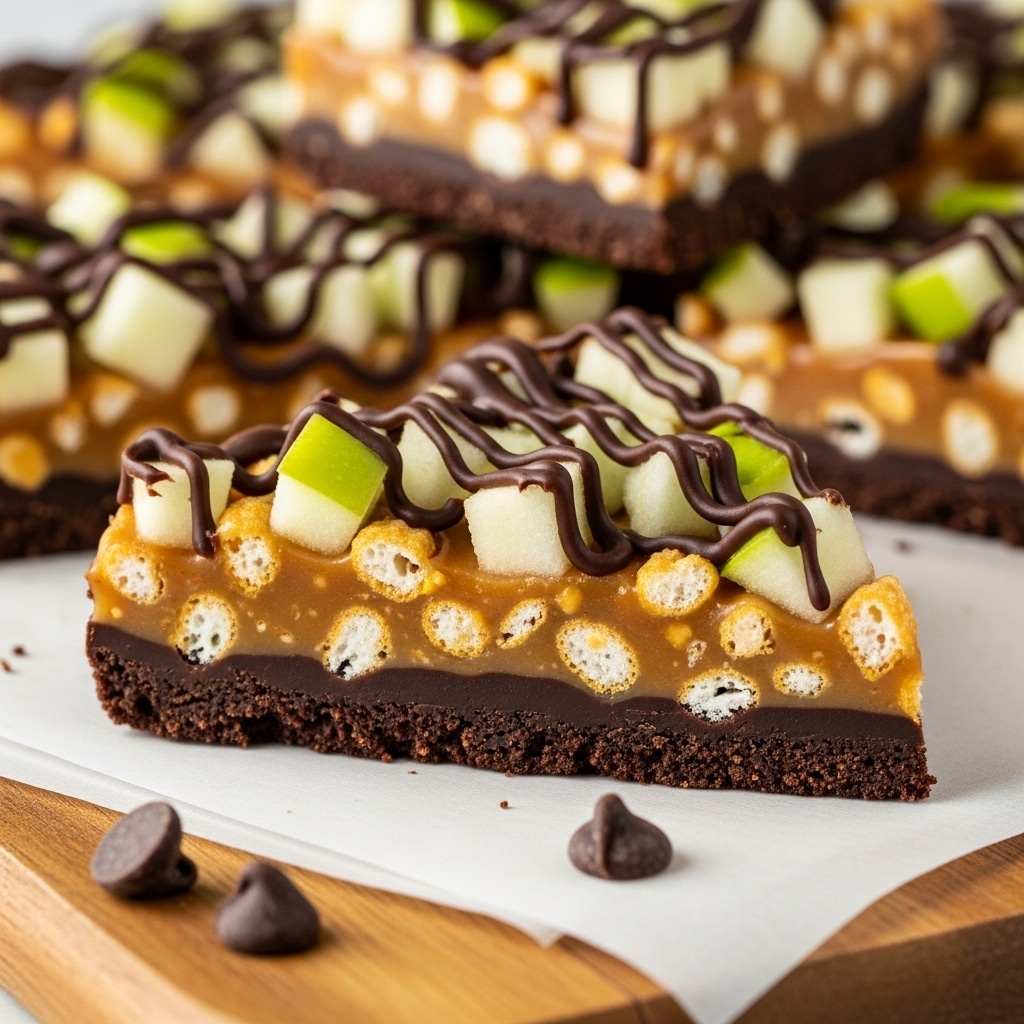 A close-up of a slice of dessert bark showing three layers: the bottom dark brown chocolate layer, a middle layer of light brown caramel mixed with bits of puffed cereal, and a top layer with small, uneven chunks of green apple and a drizzle of dark chocolate in thin lines all over. The bark is resting on white parchment paper on a wooden board, with a few dark chocolate chips scattered nearby. In the background, more pieces of the dessert bark are visible, stacked in a slightly messy arrangement. Photo taken with an iphone --ar 4:5 --v 7