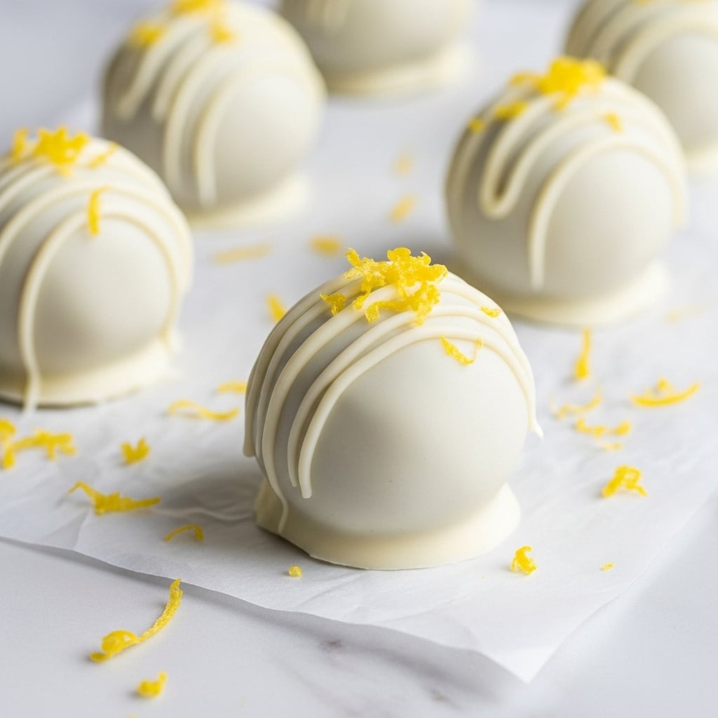 The image shows round truffles with a smooth, glossy white chocolate coating. Each truffle features a rough drizzle of white chocolate on top, adding texture, and is topped with small bits of bright yellow lemon zest. The truffles rest on white parchment paper with more lemon zest scattered around them, set on a white marbled surface. One truffle in the foreground is in clear focus, while the others fade softly into the background. Photo taken with an iphone --ar 4:5 --v 7