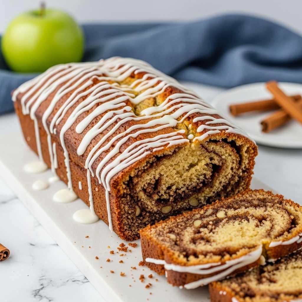 A rectangular loaf cake with a golden-brown crust sits on a wooden board placed on a white marbled surface. The cake has a crumbly texture with swirls of cinnamon and small pieces of nuts visible inside. It is topped with white icing drizzled unevenly in thick lines across the surface. The cake is sliced, showing the soft, moist inside with brown cinnamon layers and nuts. In the background, there is a blurred green apple, a blue cloth, and cinnamon sticks. photo taken with an iphone --ar 4:5 --v 7