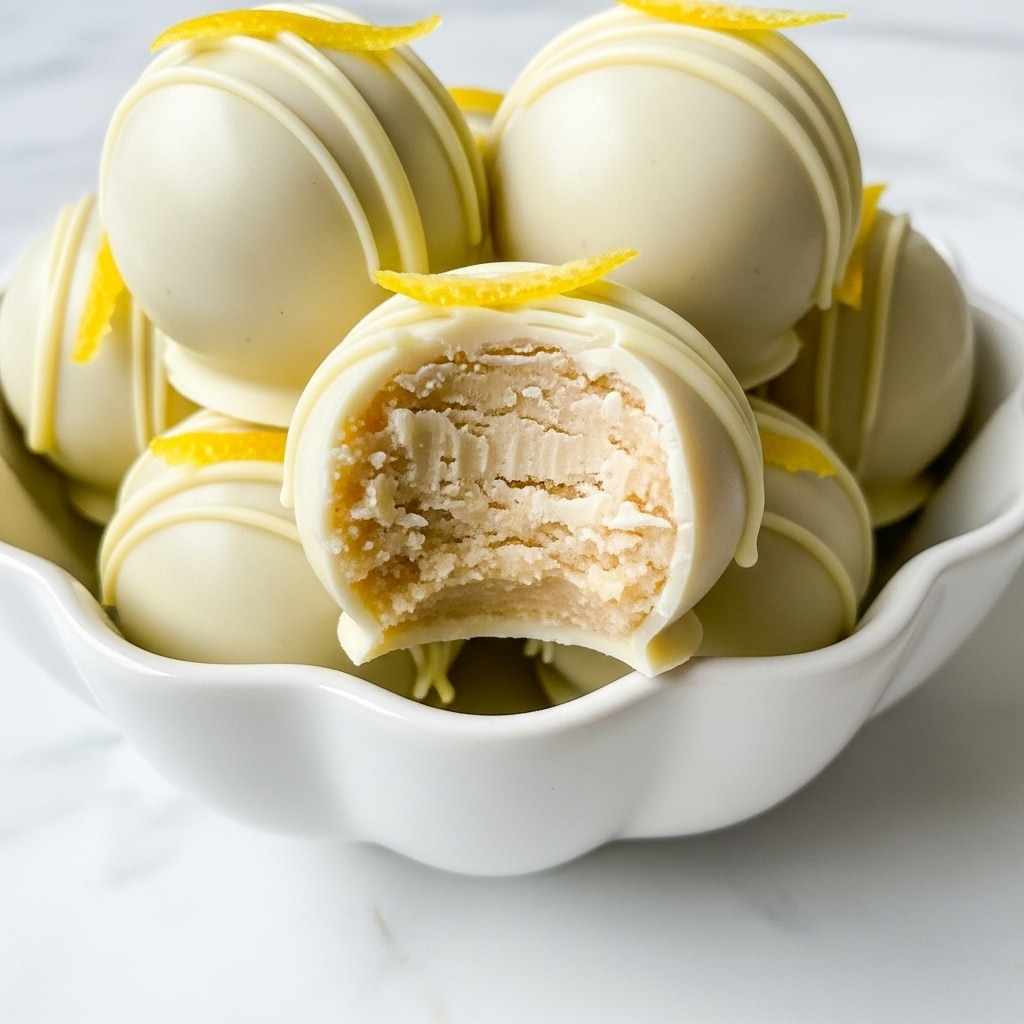 A close-up of round white chocolate truffles with a smooth, shiny outer layer and thin white chocolate drizzle on top. One truffle at the center is bitten, showing a creamy beige inside with a soft and slightly crumbly texture. Some truffles are decorated with thin yellow lemon zest strips on top. They are placed inside a white scalloped bowl on a white marbled surface, creating a bright and clean look. Photo taken with an iphone --ar 4:5 --v 7