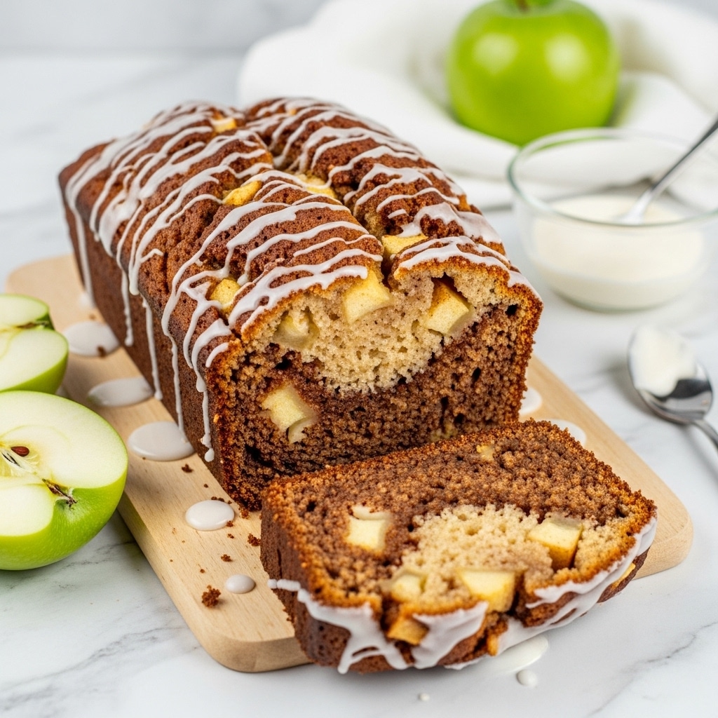 A loaf of cinnamon apple bread sits on a wooden cutting board placed on a white marbled surface. The bread has two visible layers: a light brown, dense cake-like base with chunks of apple and cinnamon swirled thickly on top in a darker, rich brown layer with a textured, slightly crumbly surface. A white glaze is drizzled unevenly over the top and sides, adding a shiny contrast. In the foreground, a slice is cut and laid flat, showing the moist interior studded with apple pieces. To the left, two halves of a green apple rest on the white marbled surface, and in the background, a whole green apple sits next to a white cloth. A clear glass bowl with white cream and a small spoon is also visible in the back right. photo taken with an iphone --ar 4:5 --v 7
