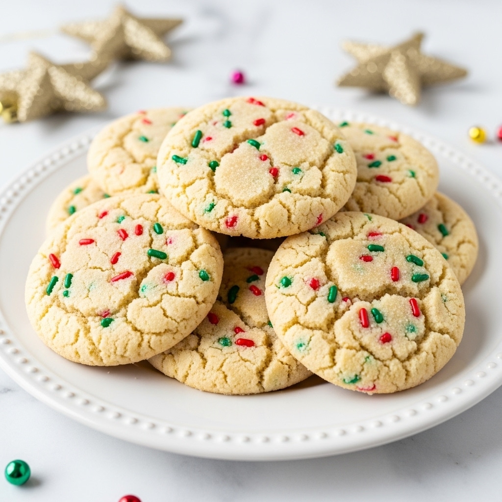 A pile of seven round cookies with a soft, cracked surface sits on a white plate with a dotted edge. Each cookie is light golden in color with small red and green sprinkles scattered all over, giving a festive look. The cookies appear slightly thick and chewy, with a sugar dusting visible on top. The plate is placed on a white marbled background with a few small colorful decorations and two gold star ornaments blurred in the back. Photo taken with an iphone --ar 4:5 --v 7
