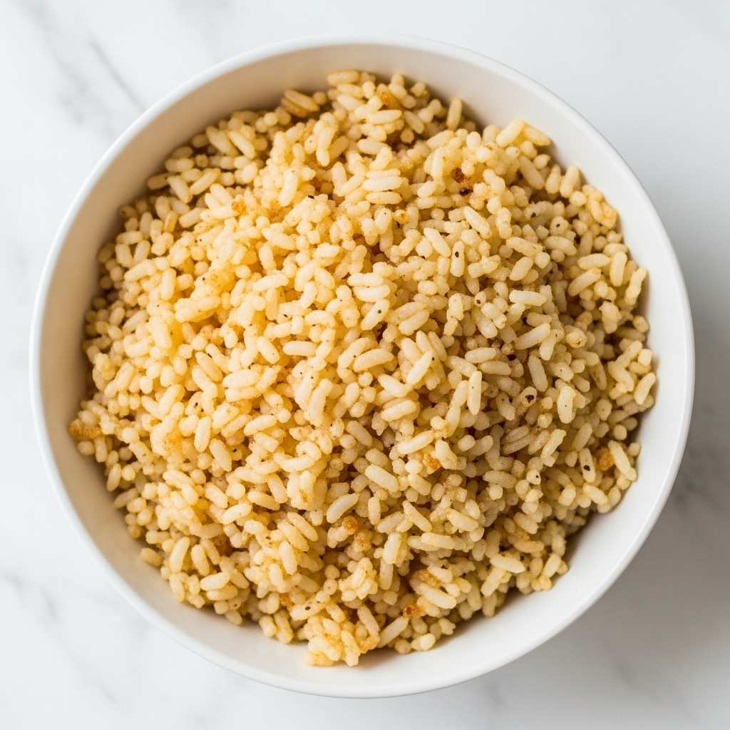A white bowl filled with a mound of cooked rice mixed with small golden-brown fried bits evenly spread throughout. The rice grains are soft and slightly shiny, showing a moist texture with a light golden color hinting at seasoning and toasting. The bowl sits on a surface with a white marbled texture, creating a clean and simple background. photo taken with an iphone --ar 4:5 --v 7