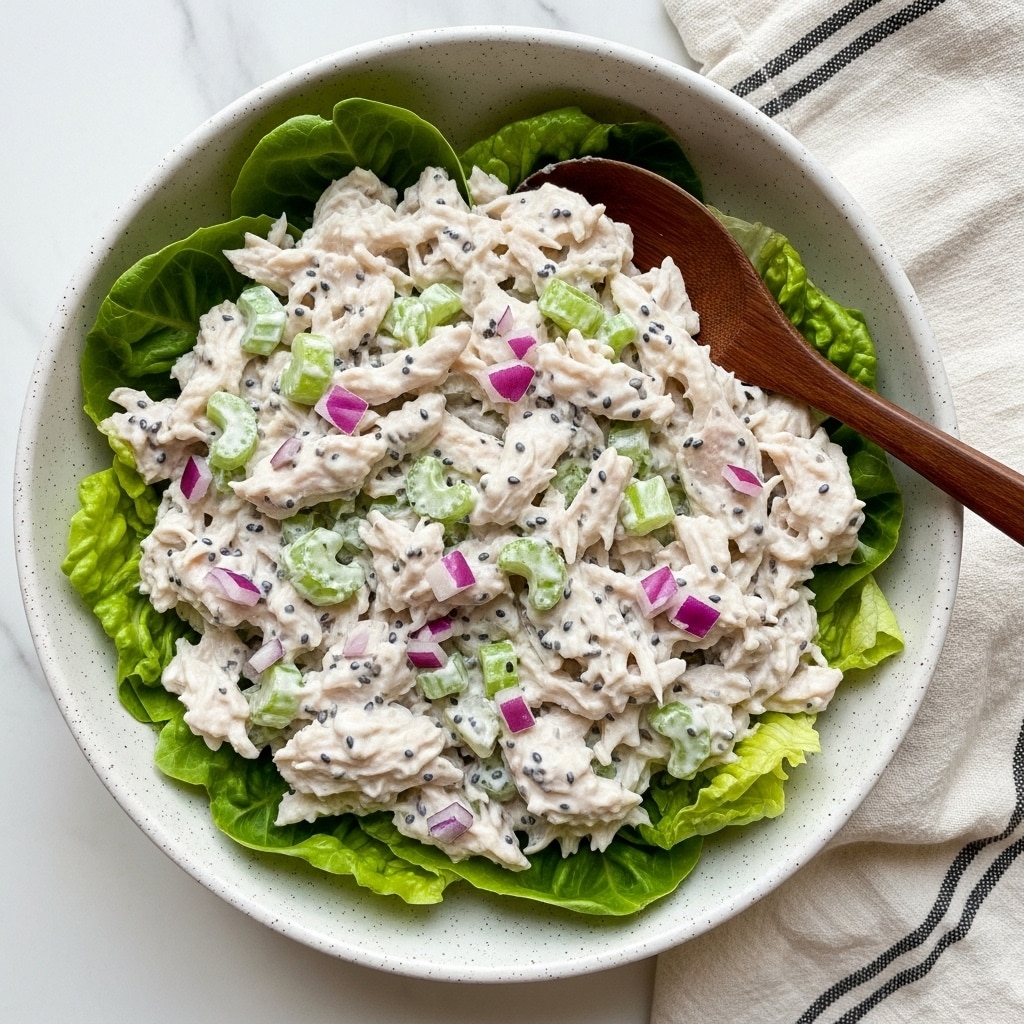 A bowl filled with creamy chicken salad shows shredded white chicken covered in thick white dressing with small black seeds throughout, mixed with pieces of bright green celery and small cubes of purple-red onion scattered evenly. The salad sits on a bed of light green lettuce leaves lining the shallow white bowl with speckled texture on the outside. A brown wooden spoon rests in the bowl, angled from the top right. The bowl is placed on a white marbled surface with a crumpled white cloth with black stripes beside it. photo taken with an iphone --ar 4:5 --v 7