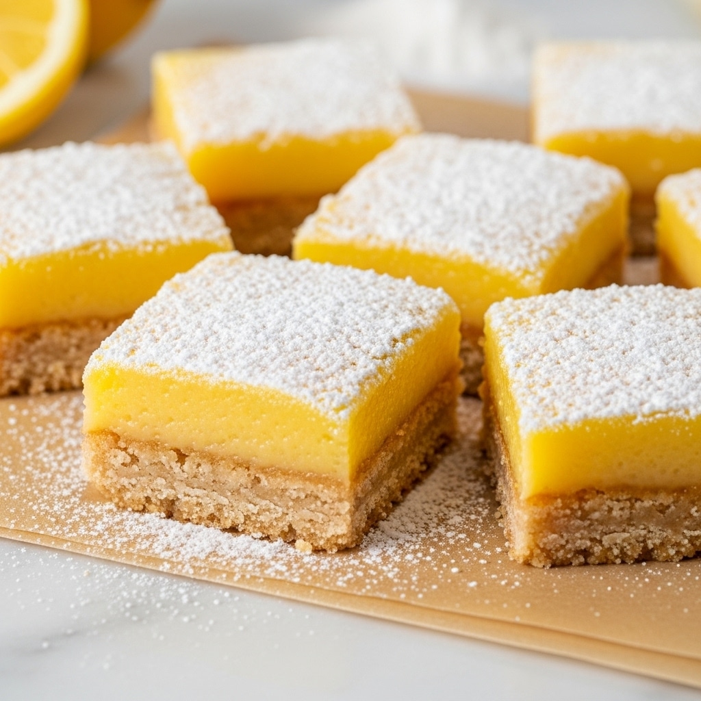 The image shows several square lemon bars arranged closely on a light brown paper. Each bar has two layers: a bottom crust layer that is light brown and crumbly, and a thick top layer of bright yellow lemon filling with a smooth texture. The lemon layer is covered with a thick dusting of white powdered sugar that lightly spills on the paper. The scene is set on a white marbled surface with a blurred lemon and some powdered sugar visible in the background. photo taken with an iphone --ar 4:5 --v 7
