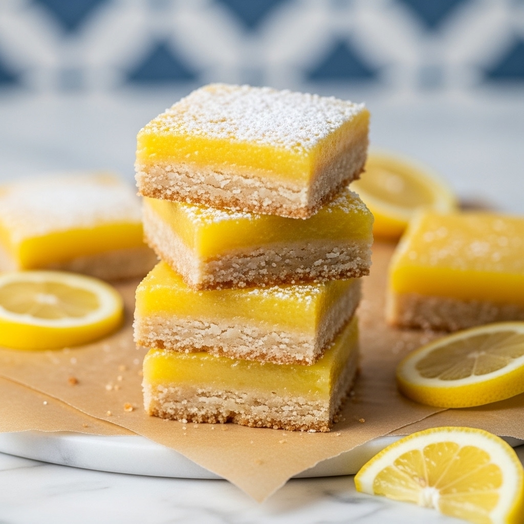 A stack of four lemon bars is shown on a piece of brown parchment paper, placed on a white marbled surface. Each bar has two layers: a bottom light golden crust with a slightly crumbly texture, and a glossy bright yellow lemon filling on top. The top layer of the bars is sprinkled with powdered sugar, giving a soft white dusting look. Around the stack, there are some sliced lemon pieces with a fresh yellow color. The background is softly blurred with a hint of blue pattern. photo taken with an iphone --ar 4:5 --v 7
