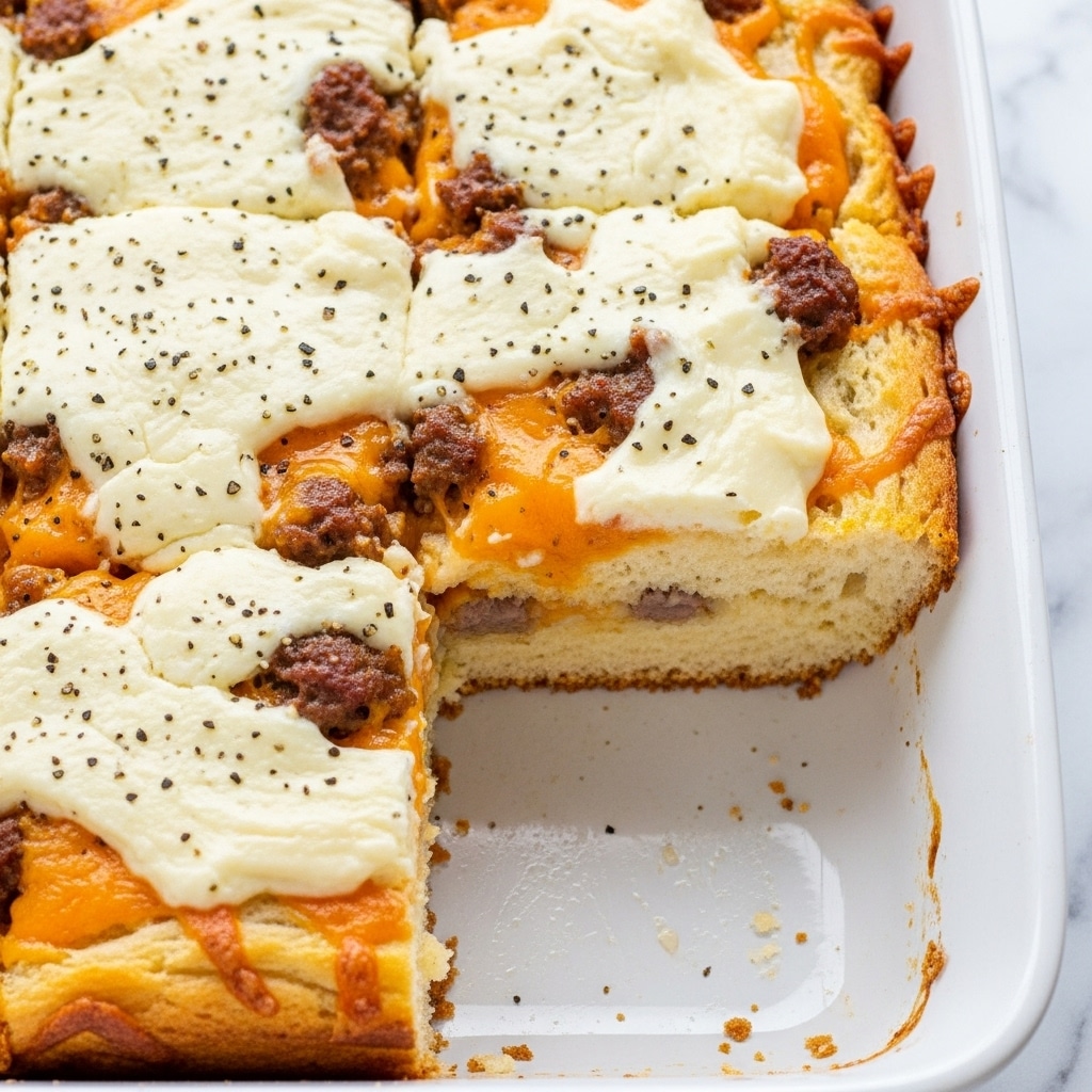 The image shows a white baking dish filled with four thick square pieces of soft, fluffy bread topped with creamy white icing that has small black specks, likely vanilla or poppy seeds. The bread underneath is light golden brown with a slightly uneven texture, and the icing has an irregular, slightly glossy surface with patches of yellow, giving a swirled appearance. One piece has been cut and is slightly pulled out, showing the layers of airy bread inside, and the dish is set on a white marbled surface with a knife nearby. photo taken with an iphone --ar 4:5 --v 7