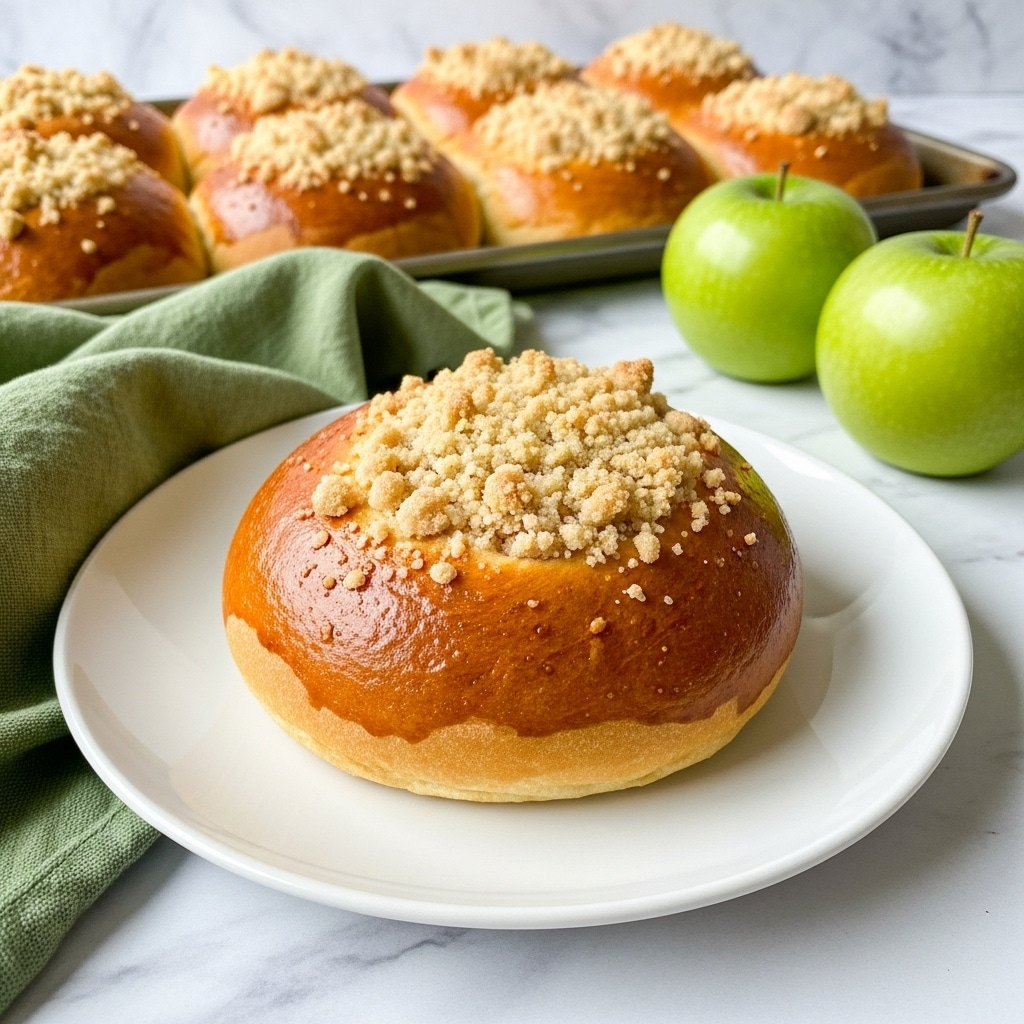 A round, golden-brown bun with a slightly shiny, smooth surface sits centered on a white plate, topped with a crumbly light brown streusel-like topping in the middle. The bun's edges are soft and fluffy, showing a slight rise and light browning. In the background, there are more similar buns lined up on a baking tray, all uniformly golden and topped with the same crumbly topping. To the right, two green apples rest on the white marbled surface. A green cloth is draped casually beside the plate on the left side. The overall setting is warm and inviting, showing fresh-baked bread on a clean white marbled background. photo taken with an iphone --ar 4:5 --v 7