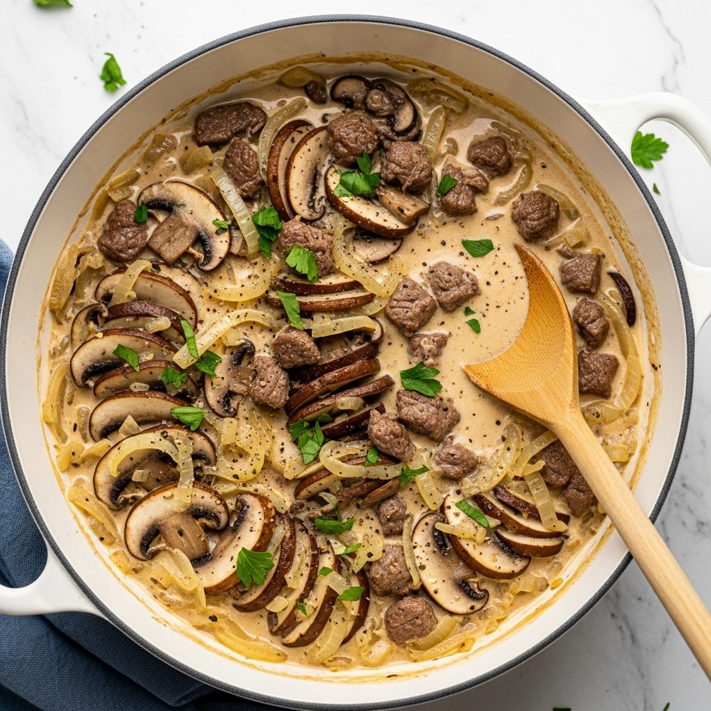 A white pot filled with a creamy beige sauce contains several layers of sliced brown mushrooms and small chunks of browned beef throughout, mixed with translucent, cooked onion pieces. The creamy sauce has a smooth texture with visible herbs like ground pepper. The dish is garnished with small, bright green parsley leaves scattered on top. A wooden spoon rests inside the pot, partially submerged in the sauce. The pot is placed on a white marbled textured surface with a blue cloth underneath. Photo taken with an iphone --ar 4:5 --v 7