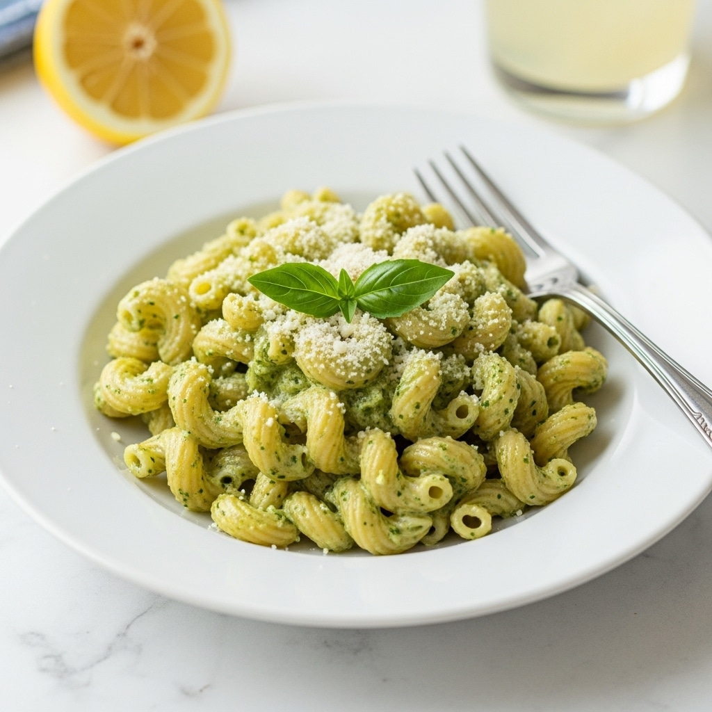 A white plate with a single serving of cavatappi pasta coated in green pesto sauce, topped with a sprinkle of white grated cheese and a small fresh green basil leaf in the center. The pasta looks creamy and textured with visible bits of herbs in the sauce. A silver fork rests on the right side of the plate, partially under some pasta. The plate is set on a white marbled surface with a slice of lemon and a glass of light yellow drink blurred in the background. photo taken with an iphone --ar 4:5 --v 7