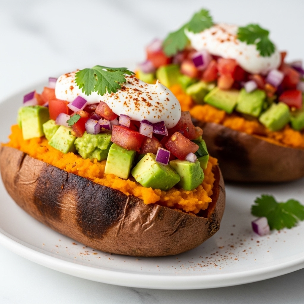 The image shows a baked sweet potato cut in half and filled with a mashed bright orange sweet potato layer. On top, there is a layer of diced green avocado, red tomatoes, and purple onions, mixed with chopped green herbs. A drizzle of white creamy sauce with herbs is spread over the toppings. The sweet potato halves are served on a white plate, set on a white marbled surface, with some fresh herb leaves scattered around. photo taken with an iphone --ar 4:5 --v 7