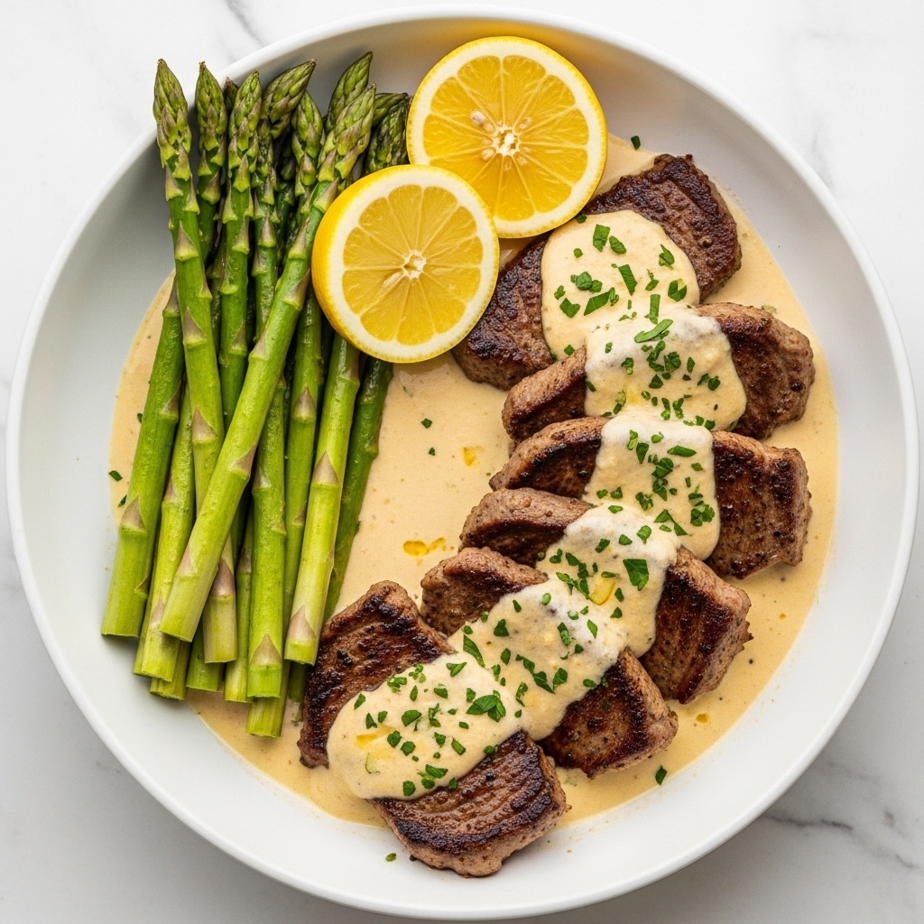 A white bowl contains five pieces of browned meat, each piece charred on the outside and topped with a light cream sauce. The sauce pools around the meat, covering the bottom of the bowl and showing small green herb bits sprinkled on top. To one side, bright green asparagus spears lie neatly stacked, and two lemon wedges with bright yellow skin sit beside the asparagus. The bowl is placed on a white marbled surface. Photo taken with an iphone --ar 4:5 --v 7