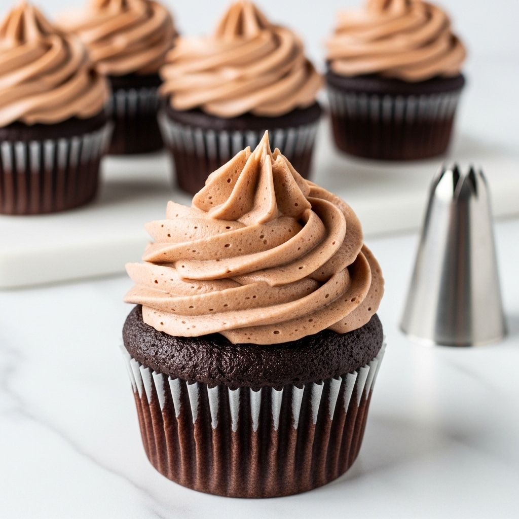 A close-up of a single chocolate cupcake with a ridged dark brown paper liner, topped with one thick layer of rich, light brown chocolate frosting swirled into soft peaks and small air bubbles visible in the creamy texture. In the white marbled background, three more chocolate cupcakes with similar frosting appear softly blurred, and a metal piping tip lies nearby on the right side. The scene is bright and clean, focusing on the creamy swirled frosting on the cupcake in the front. photo taken with an iphone --ar 4:5 --v 7