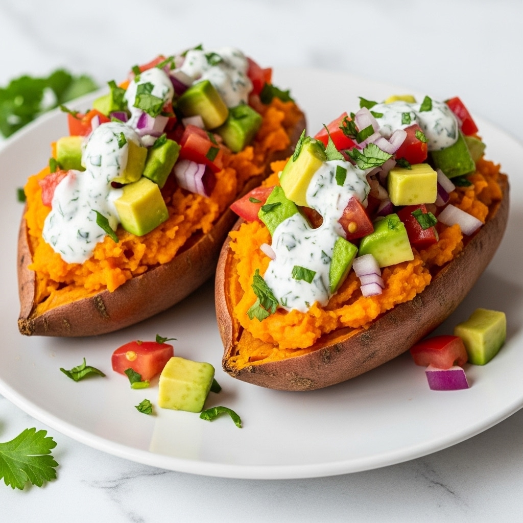 Two baked sweet potatoes with burnt orange crispy skins rest on a white plate over a white marbled surface. Each potato is cut open and layered with bright orange mashed sweet potato inside, topped with chunky green avocado pieces, deep red diced tomatoes, and small purple-red onion bits. A dollop of white creamy sauce with a sprinkling of dark red chili powder sits on top, garnished with fresh green cilantro leaves. The focus is sharp on the front potato, while the other is slightly blurred in the background. Photo taken with an iphone --ar 4:5 --v 7