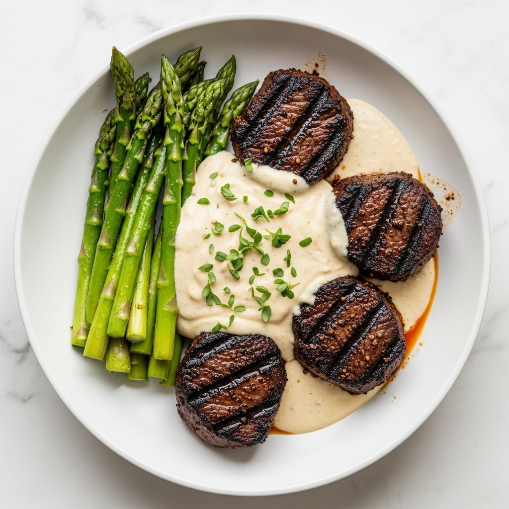 The image shows a white bowl filled with four pieces of grilled meat that have a dark, slightly charred crust, placed atop a light creamy sauce that has a smooth texture and is garnished with small green herb pieces. On one side of the bowl, there is a small bunch of bright green asparagus spears that look tender and fresh. The creamy sauce covers parts of the meat and pools around the bottom, creating a rich contrast with the dark meat and vibrant asparagus. The bowl sits on a white marbled surface. photo taken with an iphone --ar 4:5 --v 7