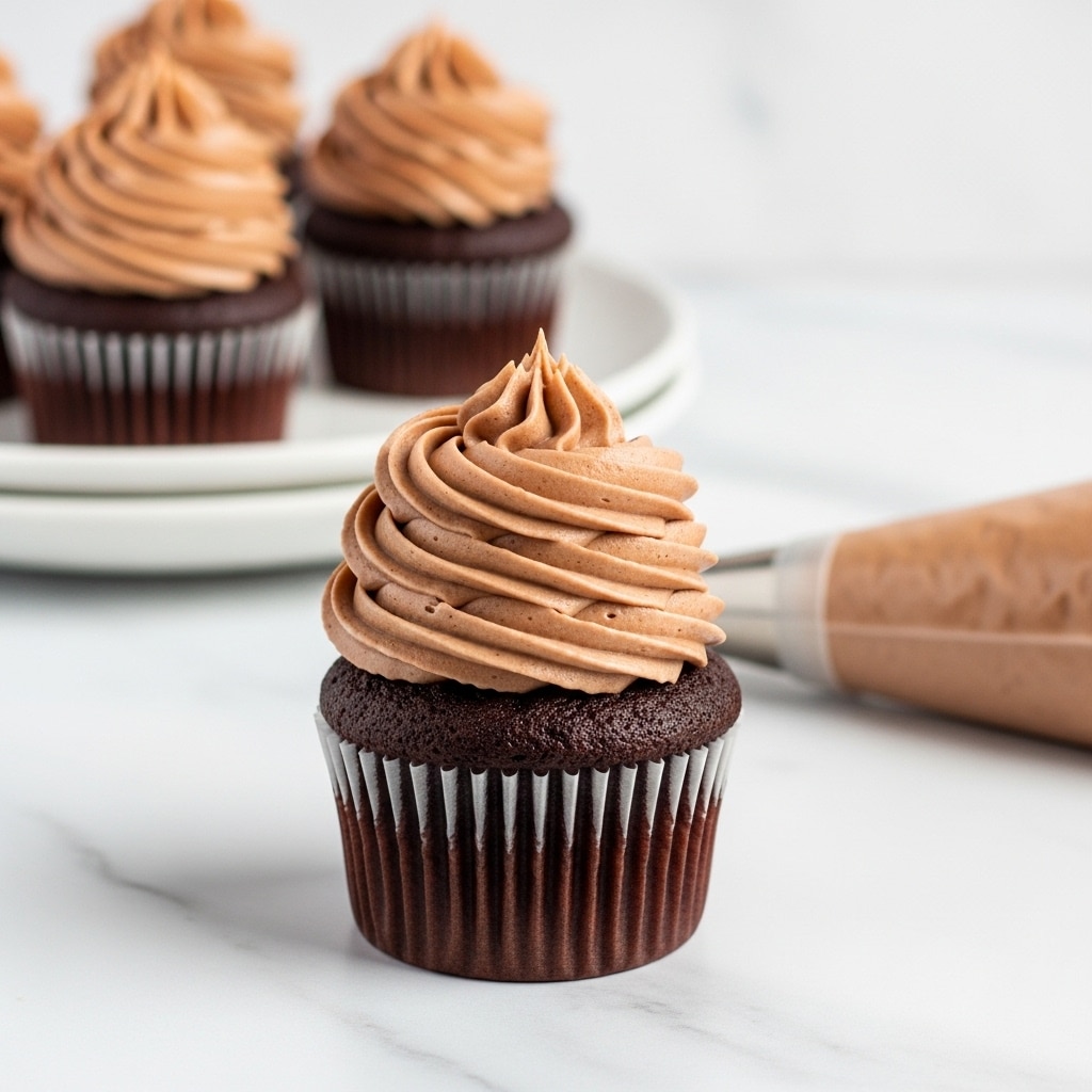 The image shows a dark brown chocolate cupcake with three main layers. The bottom layer is a dark chocolate cake in a dark brown paper liner. On top is a thick swirl of smooth, light brown chocolate frosting shaped in soft waves. In the blurred background, there are three more cupcakes with the same three layers, sitting on a white plate and white marble surface. To the right side, there is a clear piping bag filled with light brown frosting. Photo taken with an iphone --ar 4:5 --v 7