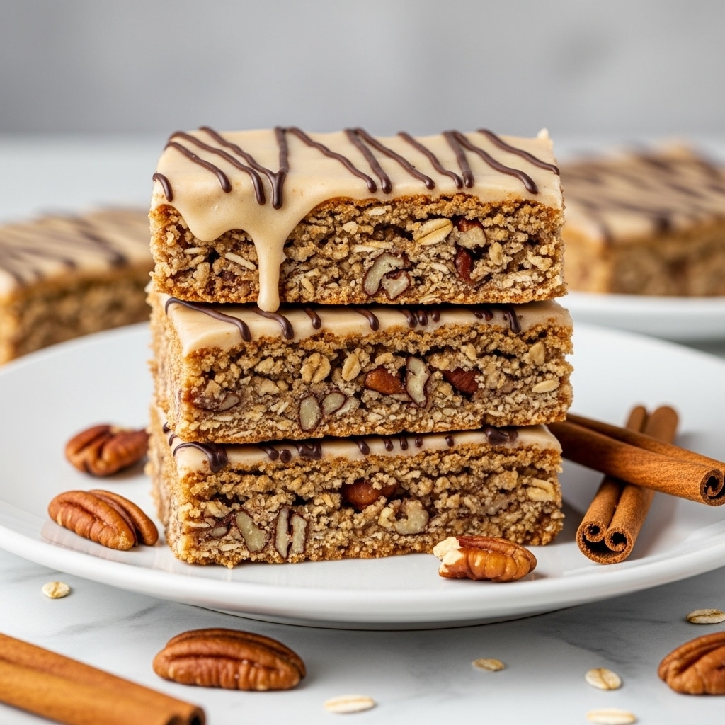 Three rectangular granola bars are stacked on a white plate, each bar showing a crumbly texture with visible oats and nuts. The top bar is coated with a light beige glaze, which drips slightly down the sides, and is decorated with thin dark chocolate drizzle lines across the surface. The oats have a mix of light brown and tan hues, with small nut pieces adding rough texture throughout the bars. Around the plate are a few scattered pecans and two cinnamon sticks, set against a white marbled surface with a blurred grey background. Photo taken with an iphone --ar 4:5 --v 7