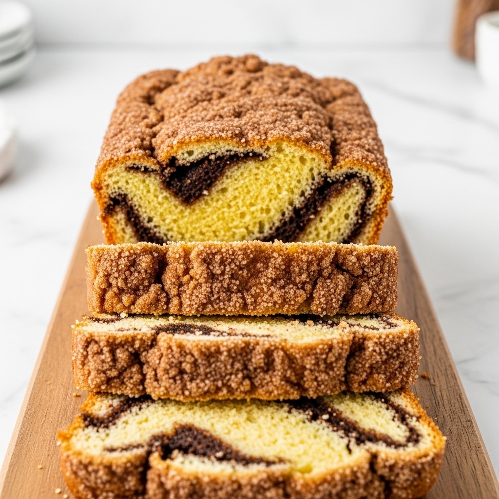 The image shows a single slice of cinnamon swirl bread on a white plate. The bread has three visible layers: a soft light yellow base, a middle layer with dark brown cinnamon swirls mixed with sugar, and a top crust with a golden brown, crumbly texture and sugar sprinkles. Near the plate, there are two cinnamon sticks placed on the white marbled surface, and part of the remaining loaf is on a wooden board in the background. A blue and white striped cloth is on the side, and a glass of milk is partially visible in the bottom left corner. Photo taken with an iphone --ar 4:5 --v 7