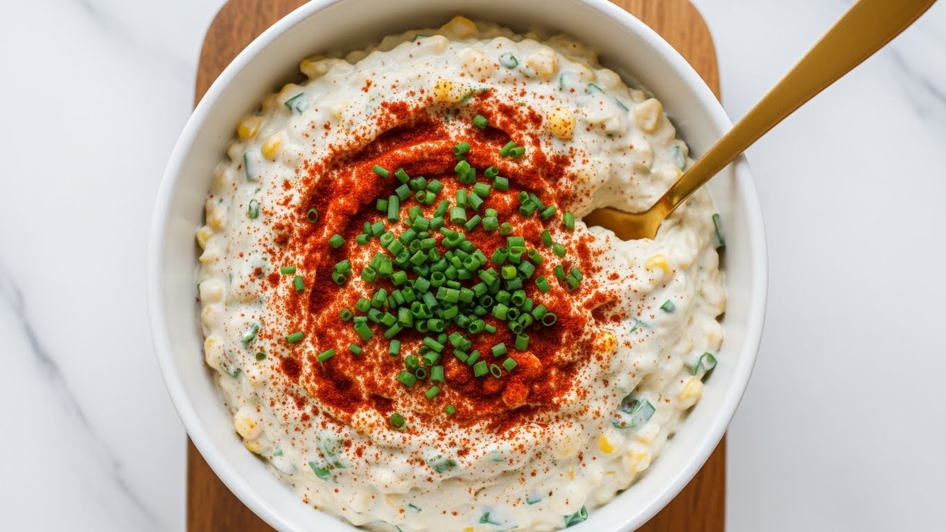 A white bowl filled with a creamy mixture that looks thick and textured. The mixture is mainly off-white with specks of yellow corn and small green chive pieces mixed throughout. The top is sprinkled with red paprika and more chopped green chives for color. A gold spoon is partially dipped into the mixture on the right side. The bowl sits on a wooden board placed on a white marbled surface. photo taken with an iphone --ar 4:5 --v 7