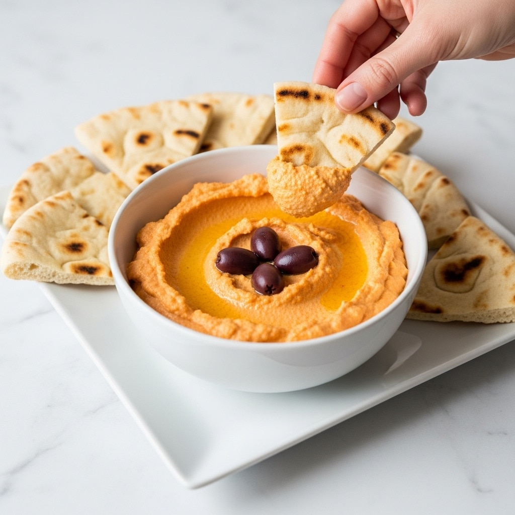 A white bowl filled with creamy orange dip that has a smooth texture, topped with three dark purple olive slices in the center. The bowl sits on a white rectangular plate holding six triangular pita bread pieces, light beige with some brown char marks. A woman's hand dips one pita piece into the orange dip, lifting it slightly above the bowl. The setting is on a white marbled surface. photo taken with an iphone --ar 4:5 --v 7