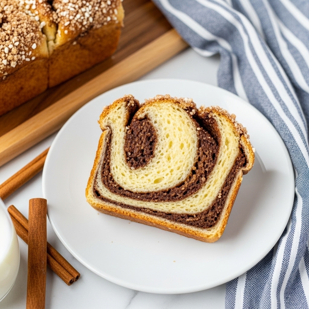 The image shows three slices of a cinnamon swirl cake arranged vertically, with one thick slice standing upright at the back and two slices laying flat in front of it, all resting on a wooden board. The cake has a golden yellow base with a dark brown cinnamon swirl running through the middle layer, and a crumbly cinnamon sugar topping that covers the entire top surface with a textured, slightly grainy look. The background is a clean white marbled texture, and faint blurred kitchen elements can be seen in the distance. photo taken with an iphone --ar 4:5 --v 7
