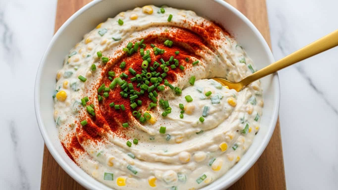 A close-up of a round brown bowl filled with one thick layer of creamy, golden-yellow dip topped with small green herbs scattered evenly on top. Around the bowl, there are several triangular, light beige tortilla chips arranged loosely on a white marbled surface, with a whole red chili pepper partially visible next to the bowl. In the background to the right, there is a portion of a white square dish holding a chunky, dark red salsa. photo taken with an iphone --ar 4:5 --v 7
