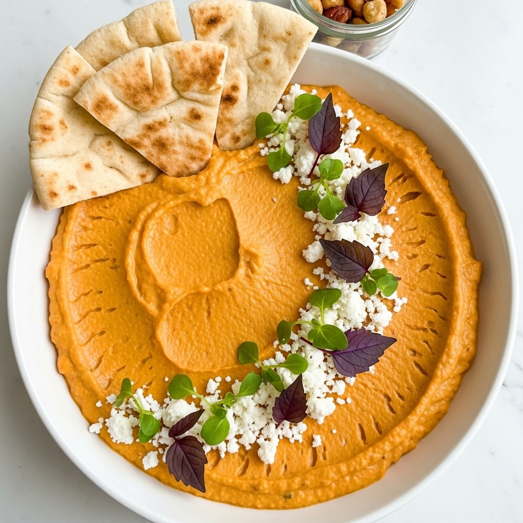 A white bowl filled with a creamy orange dip that has a smooth, slightly thick texture. The dip is decorated with a curved line of white cheese crumbles, small green herbs, and a few dark purple leaves, placed on the right side. On the upper edge of the bowl, there are pieces of light brown pita bread stacked on a white marbled surface. A small glass container with nuts is visible near the pita bread. Photo taken with an iphone --ar 4:5 --v 7