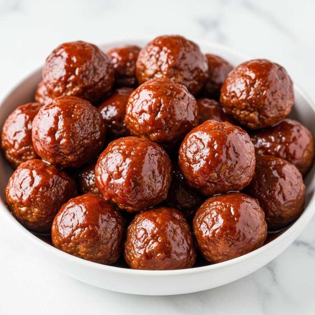 The image shows multiple brown meatballs covered in a shiny, thick reddish-brown sauce, all closely packed together in a white bowl. The sauce glistens under the light, making the meatballs look moist and tender. The white marbled background adds a clean, simple contrast to the rich colors of the dish. Photo taken with an iphone --ar 4:5 --v 7