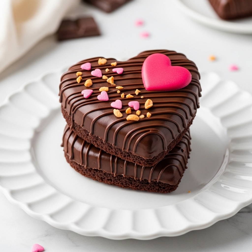 The image shows a white, scalloped-edged plate with two heart-shaped chocolate cakes stacked slightly, both covered in smooth dark chocolate with thin drizzles creating a striped texture. On the top cake, there are small pink heart-shaped sprinkles and tiny peach-colored bits scattered across. A bright pink heart-shaped decoration sits on the top cake, adding contrast. The plate is on a white marbled surface with soft light and blurred chocolate pieces in the background. Photo taken with an iphone --ar 4:5 --v 7