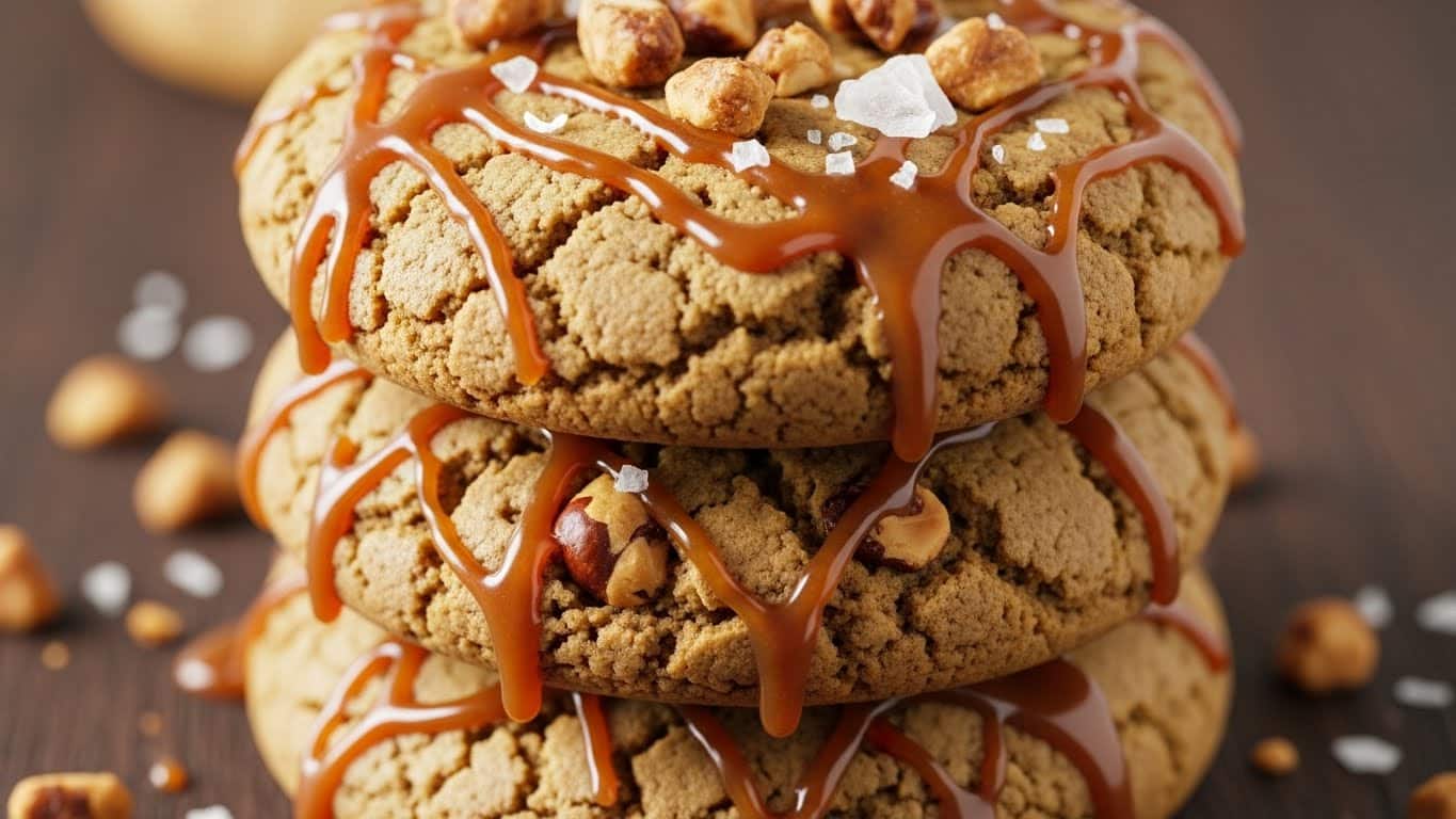 The image shows a close-up of several round chocolate chip cookies placed on a white marbled surface. Each cookie has an uneven golden-brown top with visible chocolate chips embedded throughout, some slightly melted. The texture looks soft and chewy with crinkled edges, and flakes of coarse white sea salt are sprinkled on top of the cookies, adding a touch of contrast. One cookie is broken into two pieces, showing the soft, moist inside. The cookies overlap slightly, filling the frame. photo taken with an iphone --ar 4:5 --v 7