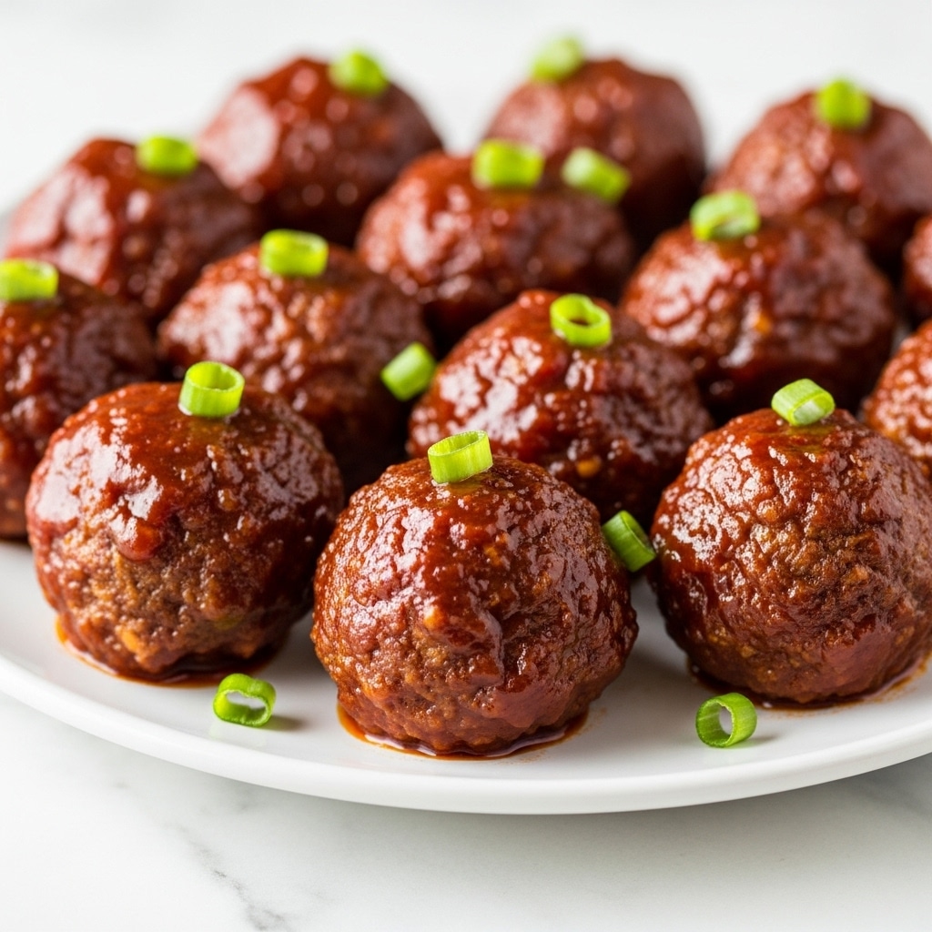 A close-up view of multiple small meatballs coated in a shiny, dark red sauce, arranged on a white plate. Each meatball has a rough, textured surface that glistens with the thick sauce. Small green pieces of chopped herbs or scallions are scattered on and around the meatballs, adding a touch of color contrast. The plate sits on a white marbled surface, highlighting the rich colors of the food. photo taken with an iphone --ar 4:5 --v 7