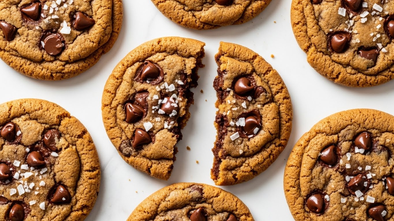 A stack of three thick, golden-brown cookies is shown, each cookie having a rough, cracked surface texture. On top of the stack, there are scattered small chunks of nuts and a drizzle of smooth caramel sauce running down the sides of the cookies, creating shiny amber lines. Some large grains of sea salt are visible on the top cookie, adding a white sparkling contrast. The cookies are stacked on a dark wooden surface, with more nut pieces and salt crystals sprinkled around them. Photo taken with an iphone --ar 4:5 --v 7