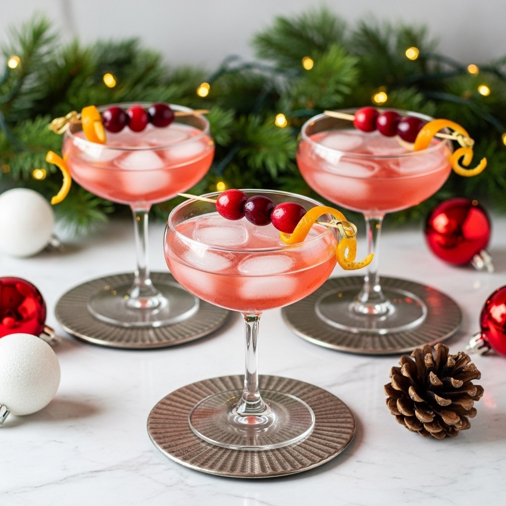 Three clear cocktail glasses filled with a smooth, bright pink drink are placed on a white marbled surface. Each glass is garnished with a small skewer holding two red berries and a thin orange peel, resting on the glass edge. Underneath the glasses, there are shiny silver coasters with intricate details. In the background, green pine branches decorated with white and red Christmas ornaments and warm fairy lights add a festive touch. The setting is bright and clean with a soft, blurry white backdrop. Photo taken with an iphone --ar 4:5 --v 7