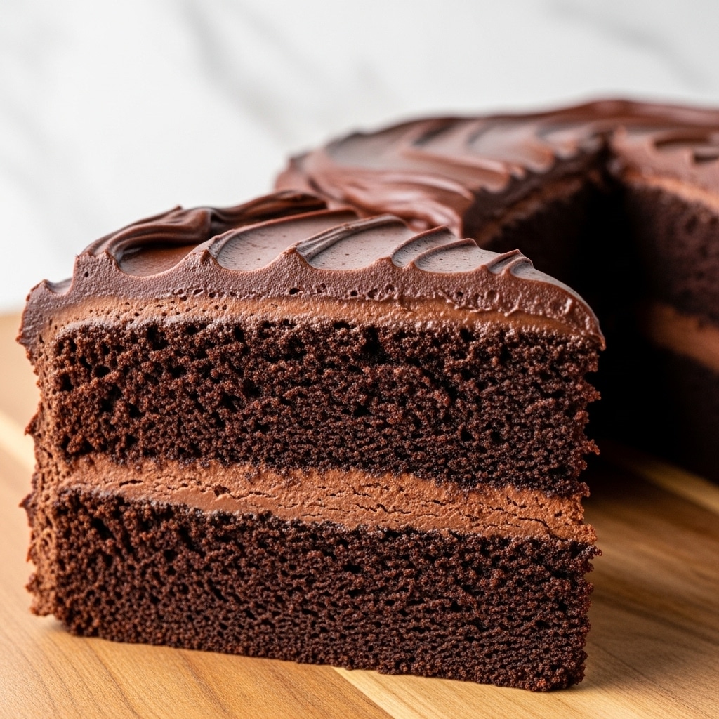The image shows a close-up of two slices of rich chocolate cake on a wooden surface with a white marbled background. Each slice has two thick layers of dark, moist chocolate sponge, separated by a smooth, shiny layer of dark chocolate frosting. The top of each slice is covered with a thick, glossy layer of the same dark chocolate frosting, with a creamy and slightly uneven texture, highlighting the cake's richness and moisture. The deep brown colors of the cake contrast with the wooden surface underneath, enhancing the cake’s dense and soft look. Photo taken with an iphone --ar 4:5 --v 7
