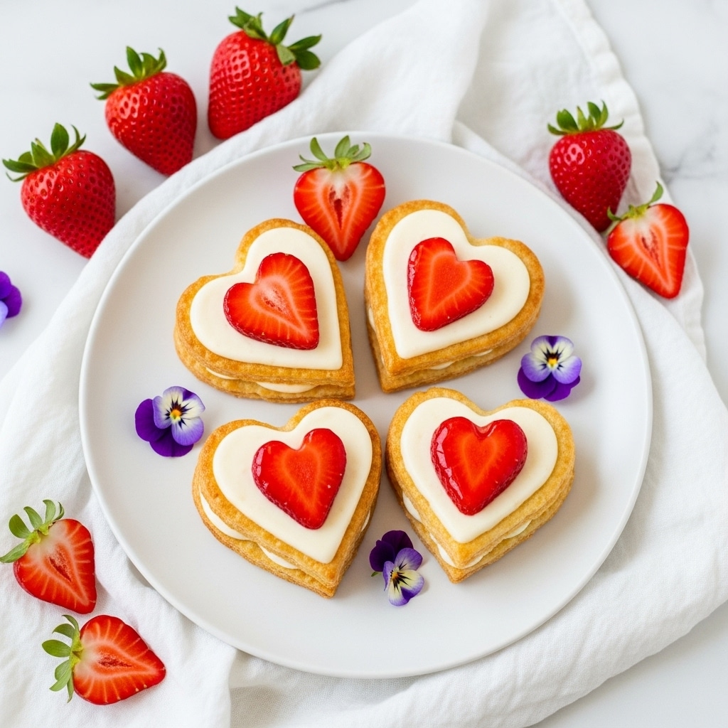 The image shows a white plate with four heart-shaped pastries, each having two layers: a golden-brown flaky base and a top layer of creamy white filling shaped like a heart. On top of each pastry is a bright red, glossy strawberry heart piece placed in the center. Around the plate, there are whole and halved strawberries and small purple flowers resting on a white cloth, all set on a white marbled surface. Photo taken with an iphone --ar 4:5 --v 7