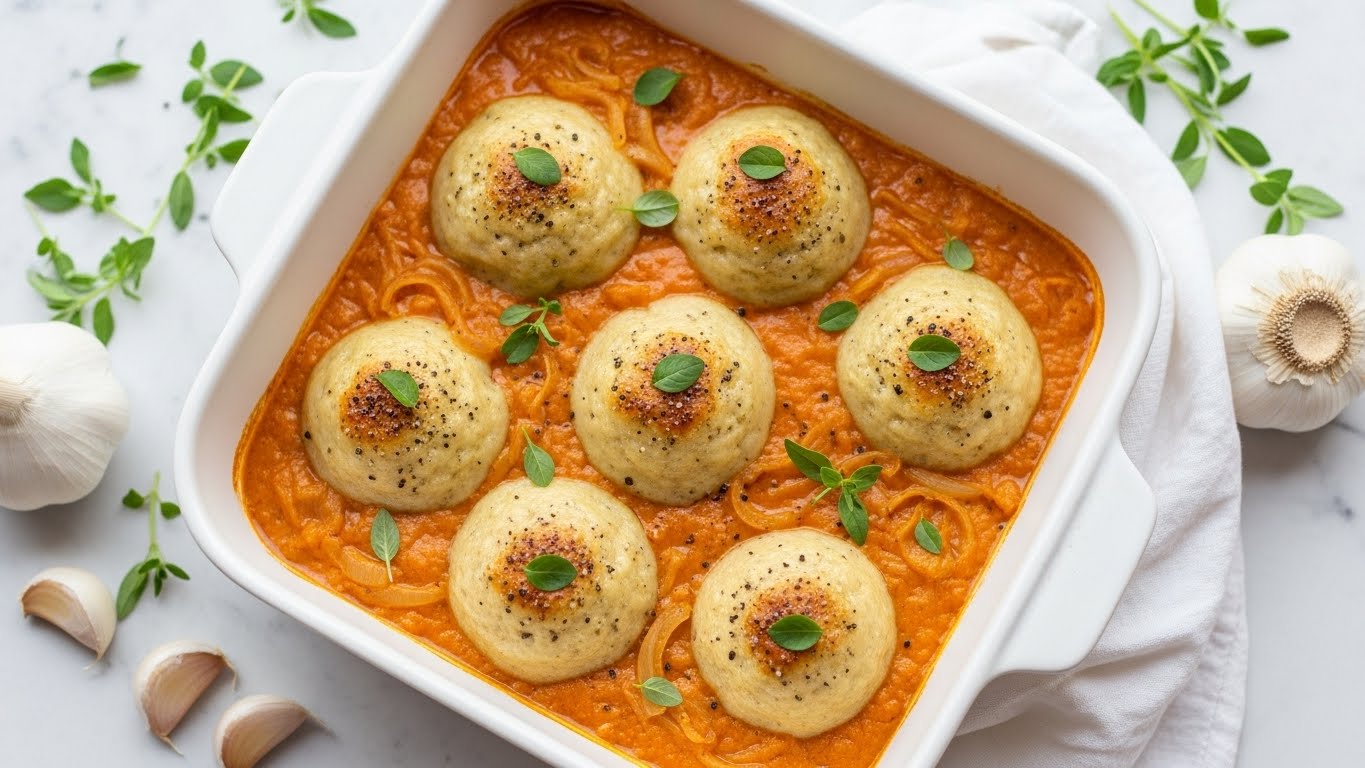 The image shows a white square baking dish filled with six golden dumplings sitting in a smooth, rich orange sauce. Each dumpling has a soft, slightly browned top sprinkled with black pepper and small green herb leaves. Bits of cooked onion are visible in the sauce around the dumplings. The baking dish is placed on a white marbled texture with scattered fresh herb sprigs, whole and peeled garlic cloves, and a white cloth partially visible on the side. photo taken with an iphone --ar 4:5 --v 7