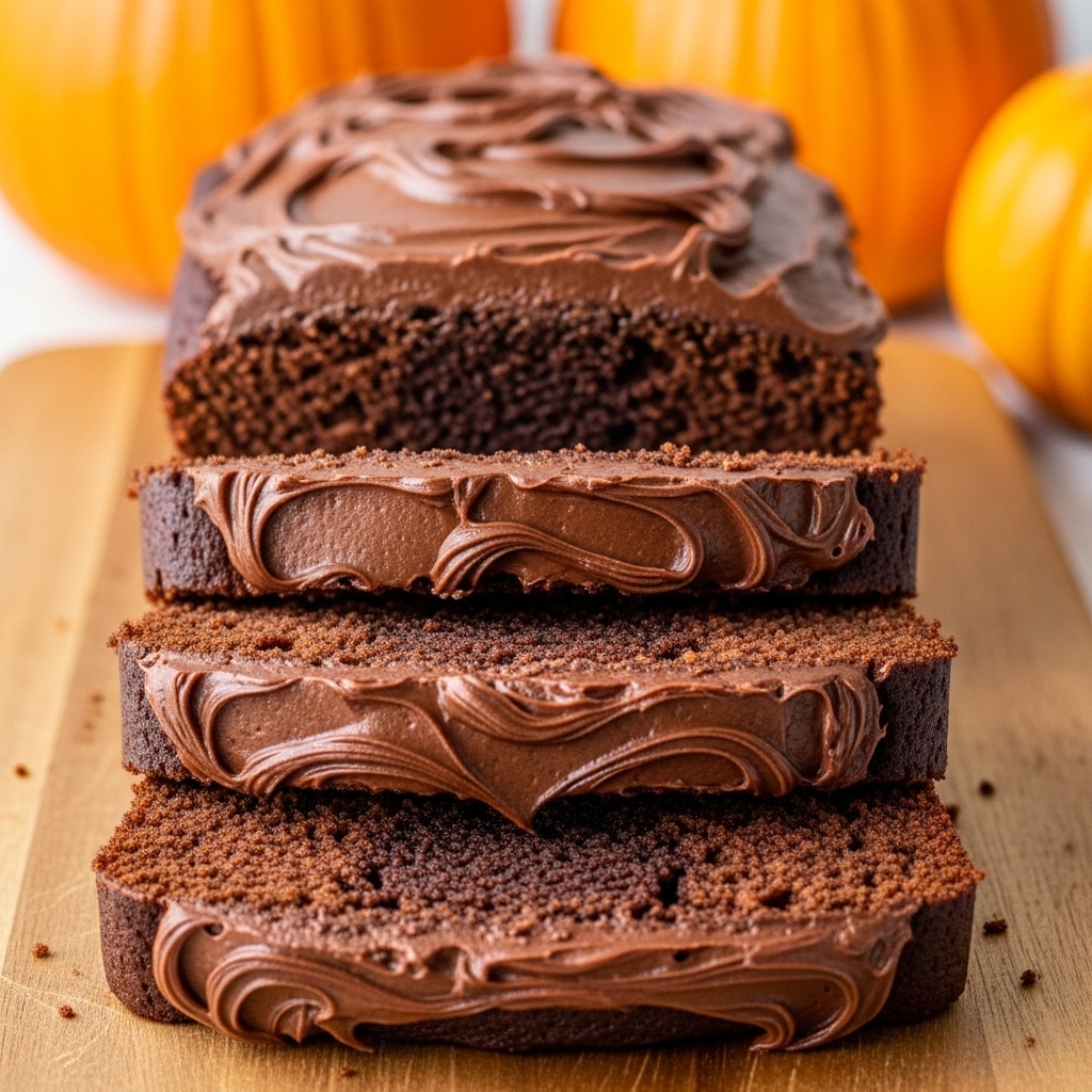 The image shows a loaf of chocolate cake on a wooden board, partially sliced. The cake has two visible layers: a dark brown, moist chocolate cake base with a slightly crumbly texture, and a thick, creamy, shiny chocolate frosting spread smoothly but with gentle swirls on top of each slice and the loaf. The slices are stacked neatly in front, showing the rich frosting clearly covering the top of each piece. The background includes a soft focus of orange pumpkins adding a warm, cozy feel. Photo taken with an iphone --ar 4:5 --v 7