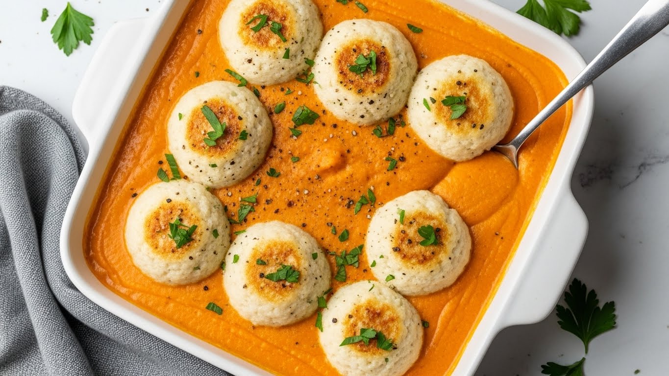 The dish shows six round, fluffy white dumplings sitting evenly in a thick, bright orange sauce inside a white square baking dish. The top of the dumplings has a soft, slightly textured surface with a light golden tint, sprinkled with small black pepper flakes and fresh chopped green parsley leaves. The orange sauce is smooth and creamy, filling the dish up to the edges with some specks of parsley and black pepper on top. The baking dish rests on a white marbled surface with a gray cloth underneath one corner, some green parsley leaves scattered around, and a spoon dipping into the sauce on the right side. Photo taken with an iphone --ar 4:5 --v 7