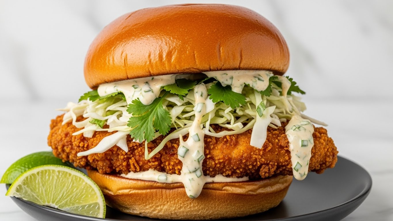 A sandwich with a shiny golden brown toasted bun on top and bottom, inside there is a crispy, dark golden fried chicken fillet. On top of the chicken fillet, there is a layer of shredded white cabbage mixed with green leafy herbs, all drizzled with a creamy light yellow sauce flecked with green herbs. The sandwich sits on a dark plate, and there are green lime wedges in the foreground, all placed on a white marbled surface. Photo taken with an iphone --ar 4:5 --v 7