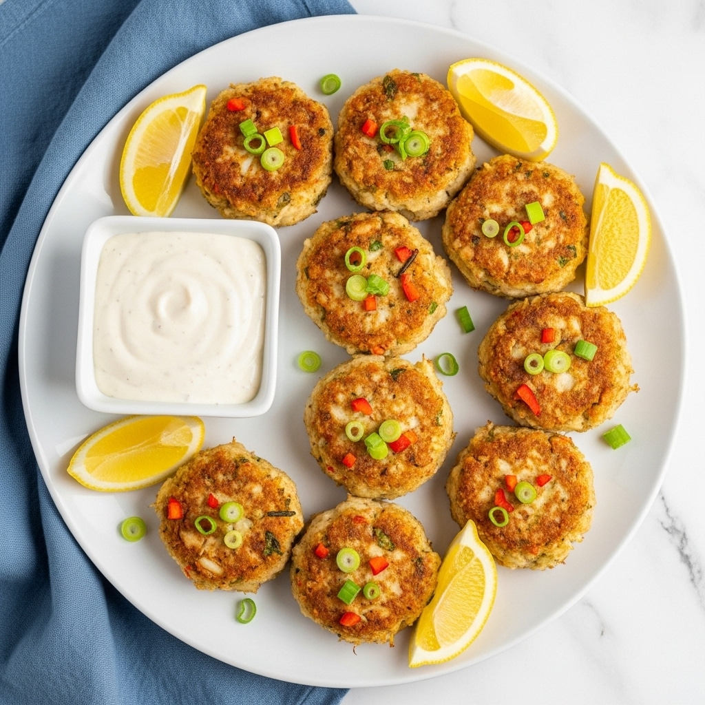 A stack of four thick, golden-brown patties with a slightly crispy texture sits at the center of a simple white plate. Each patty shows small bits of green onion and red pepper pieces embedded throughout, adding specks of color to the warm, cooked surface. The patties are evenly stacked, with the bottom one slightly expanding outwards. To the side of the stack, two bright yellow lemon wedges rest on the plate, their smooth, shiny surfaces contrasting with the patties’ rougher texture. The setting is minimal with a soft-focus white marbled texture background. photo taken with an iphone --ar 4:5 --v 7
