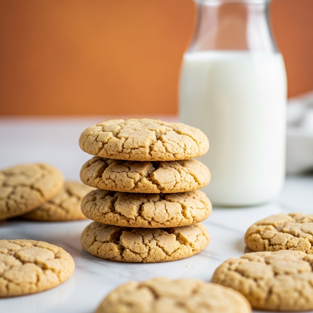 A close-up view of several soft, golden-brown cookies stacked unevenly on a white plate. Each cookie shows a cracked and slightly textured top with visible sugar granules and a light dusting of cinnamon. The cookies have a round shape with slightly raised edges and a smooth underside. They rest on a white marbled surface which is only slightly visible around the plate. The overall look is warm and inviting, suggesting soft and chewy texture. Photo taken with an iphone --ar 4:5 --v 7