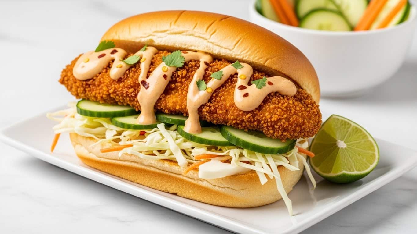 The image shows an open sandwich on a white rectangular plate set on a white marbled surface. The sandwich has four visible layers: the bottom layer is a light, soft sandwich roll; above that is a crispy, golden-brown fried chicken fillet with a crunchy texture; on top of the chicken are thinly sliced pale green cucumbers; next is a layer of shredded white cabbage. The entire sandwich is topped with a light brown creamy sauce drizzled unevenly, sprinkled with small green herbs and red chili flakes. In the background, there is a white bowl filled with thinly sliced light vegetables, and a wedge of lime is placed near the plate’s corner. Photo taken with an iphone --ar 4:5 --v 7