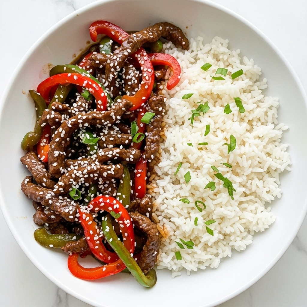 A white bowl is filled halfway with white rice, garnished with small green herbs scattered on top, on the right side. On the left side of the bowl, there is a thick layer of stir-fried beef strips cooked in a dark brown sauce, mixed with bright red and green bell pepper slices. The beef and peppers are glossy and sprinkled with white sesame seeds and bits of green herbs. The bowl is set on a white marbled surface. Photo taken with an iphone --ar 4:5 --v 7