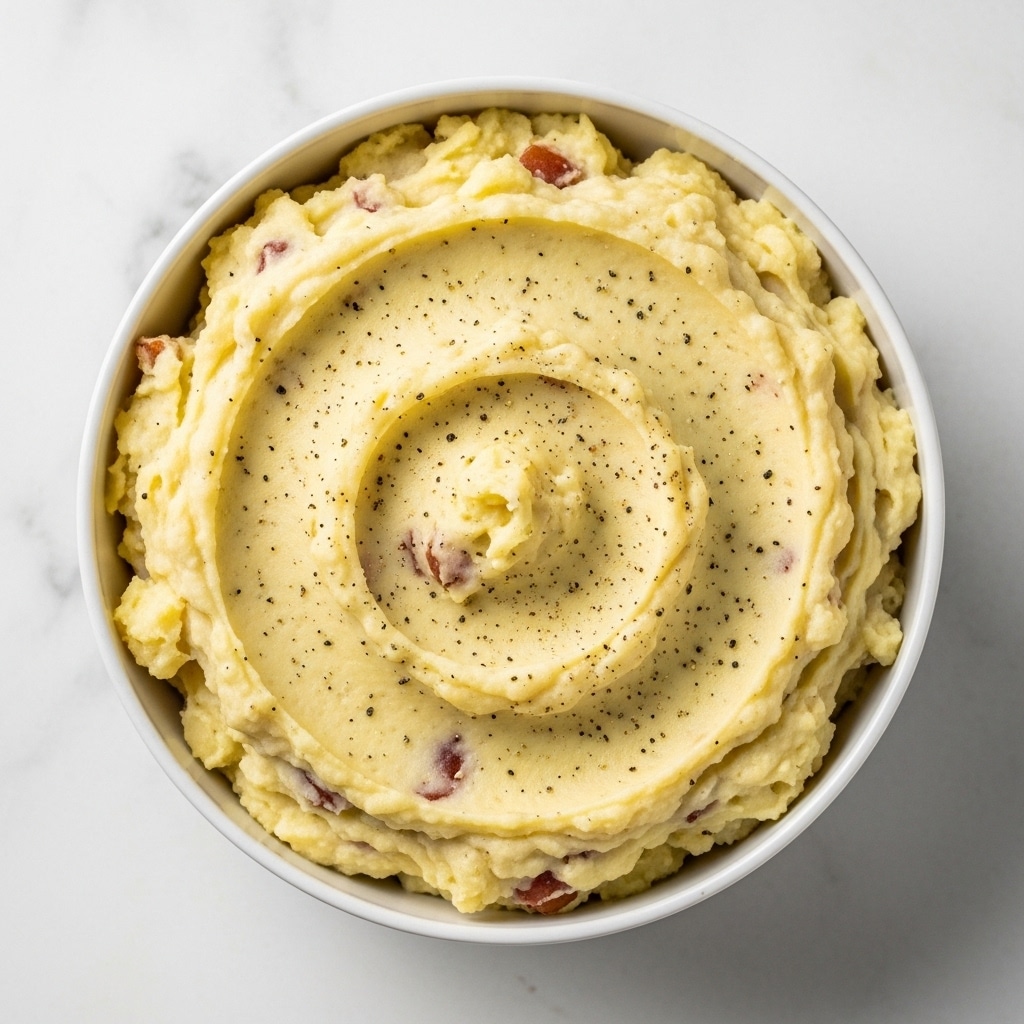 A bowl of mashed potatoes with visible small bits of potato skin, showing a creamy, smooth texture with swirls on top. The mashed potatoes are light yellow with hints of reddish-brown potato skin pieces mixed inside. The bowl is white and rests on a white marbled texture surface. The mashed potatoes are sprinkled with black pepper, adding dark specks on the light surface. The photo is taken from above, capturing the full bowl clearly. Photo taken with an iphone --ar 4:5 --v 7