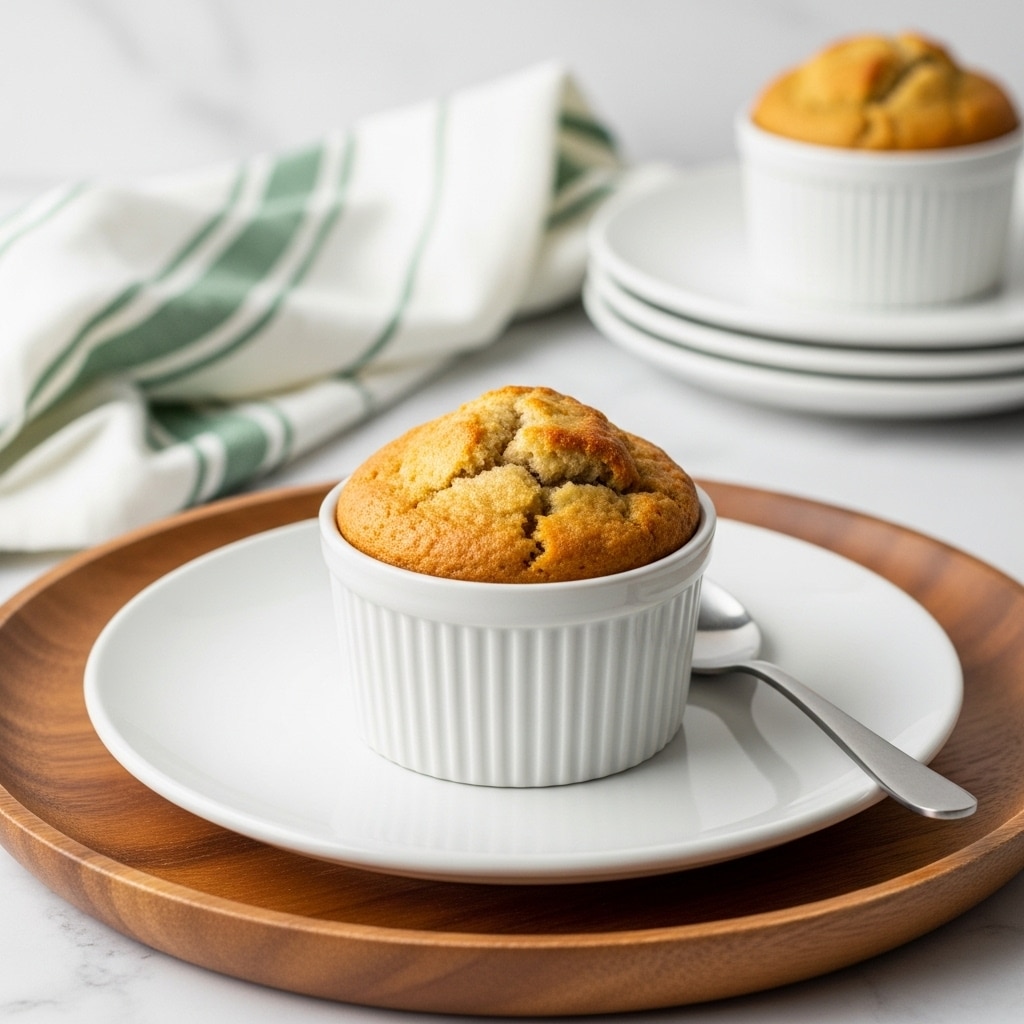 A single golden-brown muffin with a slightly cracked top is rising above the edge of a white textured ramekin. The ramekin sits centered on a plain white round plate, which is placed on a wooden tray. A silver spoon rests beside the ramekin on the plate. In the background, there is a white and green striped cloth casually folded on a white marbled surface. Another white textured ramekin with a muffin is slightly blurred in the background, stacked on three white plates. photo taken with an iphone --ar 4:5 --v 7