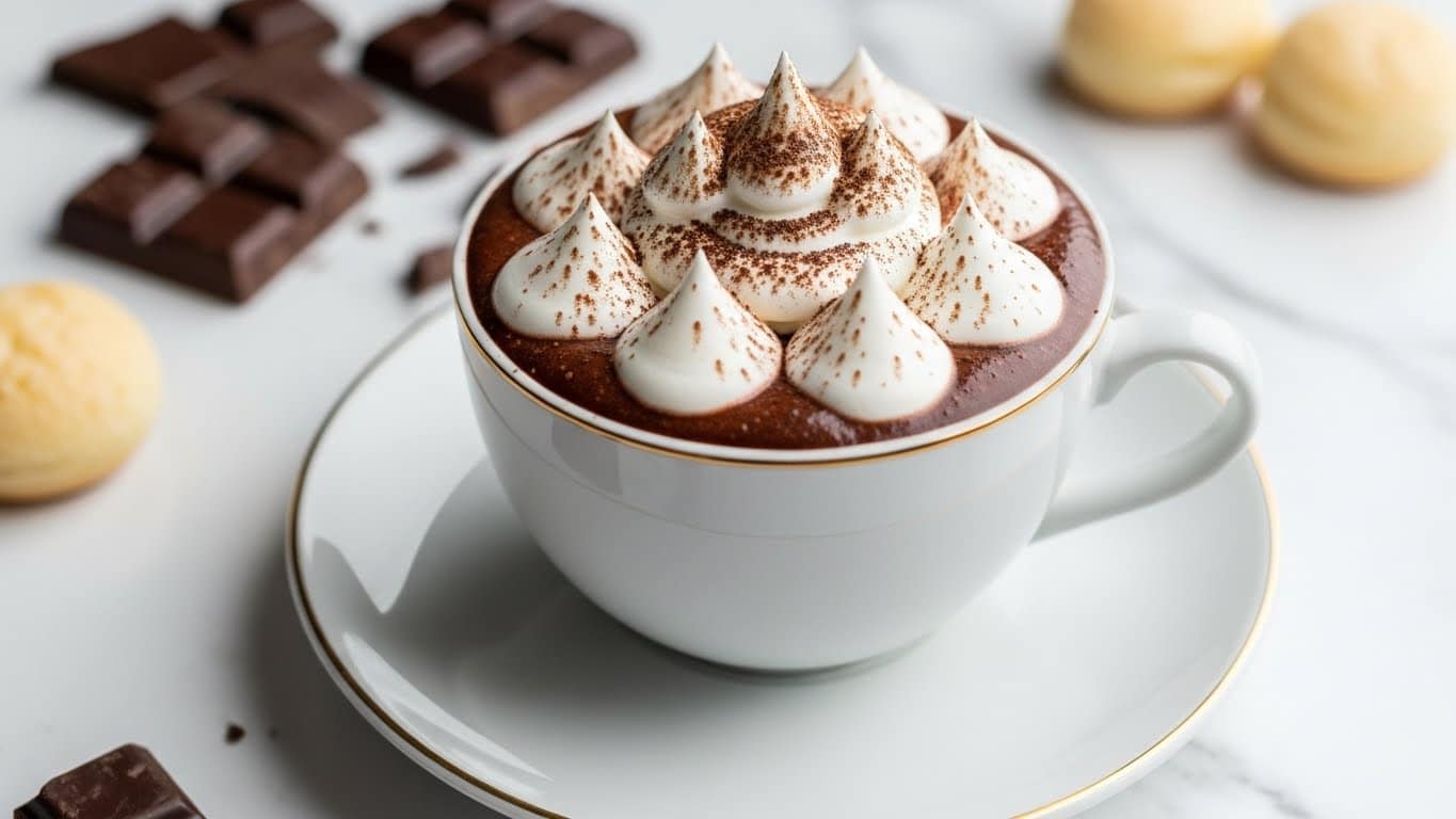A white cup with a thin gold rim sits on a matching saucer on a white marbled surface. Inside the cup is rich dark hot chocolate filling the cup fully, topped with a generous swirl of white whipped cream arranged in soft peaks that rise above the cup rim. A light dusting of cocoa powder is sprinkled over the whipped cream, adding specks of dark brown color. Around the cup are pieces of broken dark chocolate and pale round pastries, softly out of focus. photo taken with an iphone --ar 4:5 --v 7