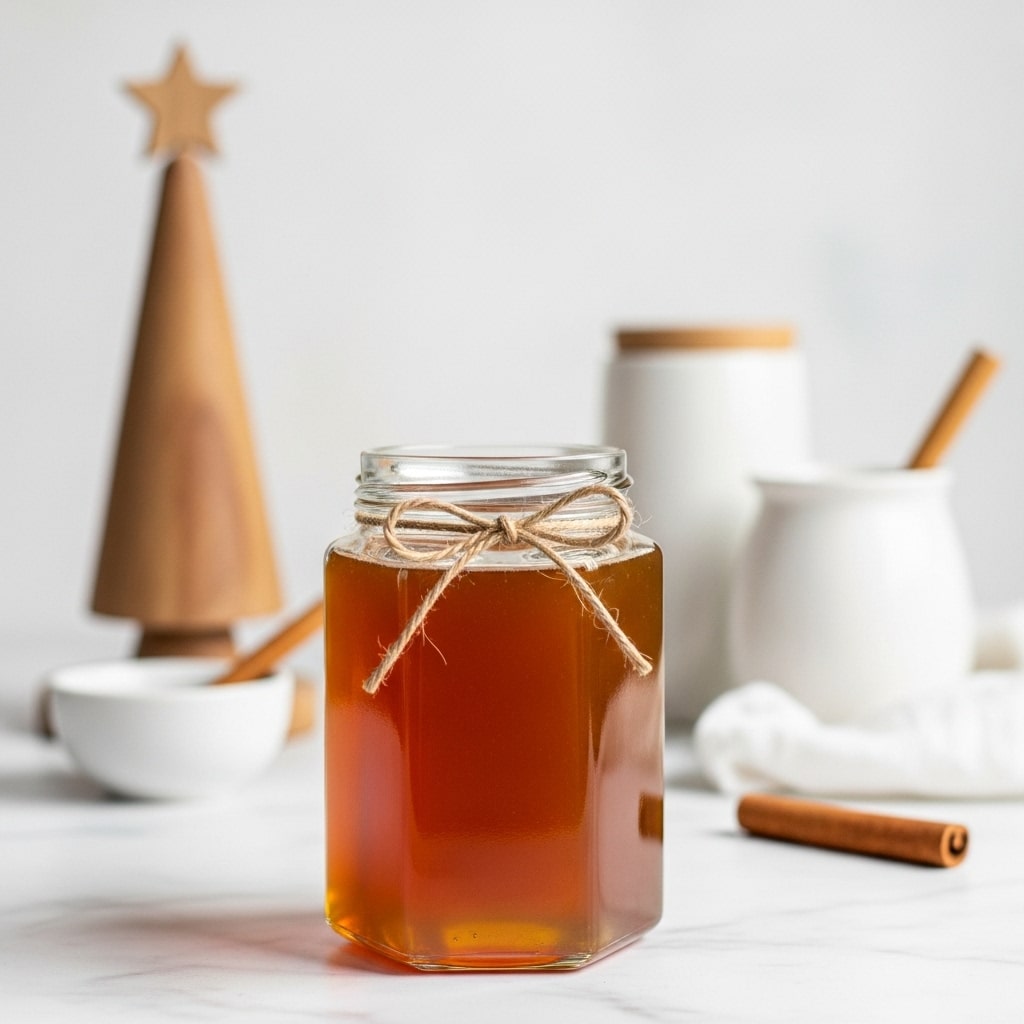 A clear hexagon-shaped glass jar filled with smooth, amber-colored honey sits on a white marbled surface. The jar has a simple twine string tied in a bow around its neck, adding a rustic touch. In the blurry background, there is a tall wooden tree-shaped decoration with a star on top, a small white bowl, a white ceramic container, and a cinnamon stick lying horizontally. The whole scene is bright and clean with soft natural light. Photo taken with an iphone --ar 4:5 --v 7