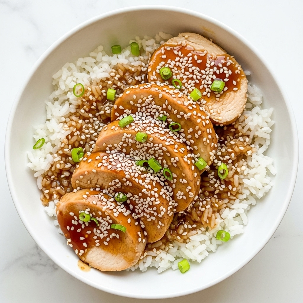 A white bowl filled with a base layer of fluffy white rice, topped with several thick slices of cooked chicken showing a light brown and tender texture. The chicken is covered with a glossy dark brown sauce, sprinkled with white sesame seeds and small pieces of bright green chopped scallions scattered on top. The bowl sits on a white marbled surface. photo taken with an iphone --ar 4:5 --v 7