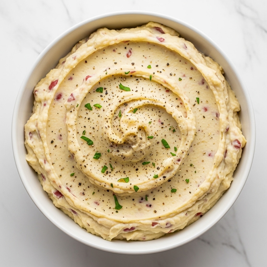A close-up image of a bowl filled with creamy mashed potatoes. The dish has a smooth, fluffy texture with small bits of reddish potato skin mixed throughout, giving it a speckled look. The mashed potatoes are swirled in a circular pattern, topped with a sprinkle of black pepper and small green herb pieces. The bowl is white, placed on a white marbled surface, and the lighting highlights the soft, creamy nature of the potatoes. photo taken with an iphone --ar 4:5 --v 7
