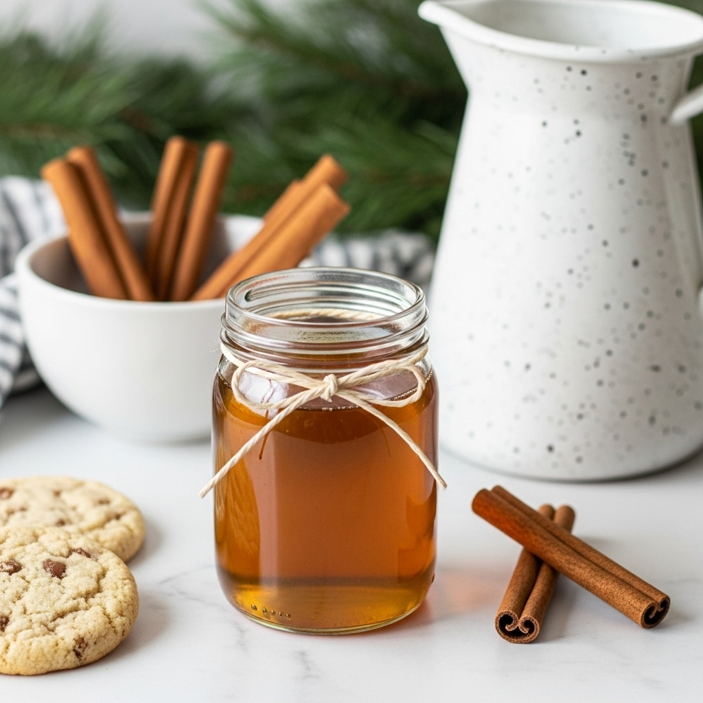 A clear glass jar filled with golden-brown syrup sits on a white marbled surface, tied with a simple twine bow around its neck. Behind the jar, there is a white bowl holding several brown cinnamon sticks, and two more cinnamon sticks lie directly on the surface nearby. To the right is a white speckled pitcher with a smooth finish. In the foreground to the left, part of a light beige cookie with small brown flecks is visible. The scene has a soft natural light with some green pine branches blurred in the background. Photo taken with an iphone --ar 4:5 --v 7